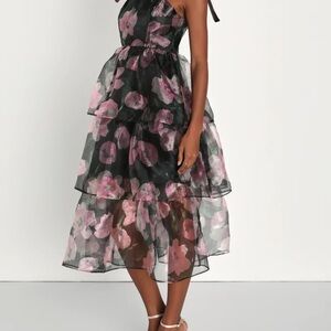 Floral Black and Pink Tiered Dress